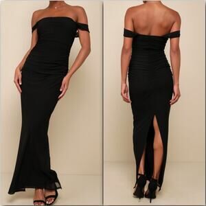 Lulus NWOT Amazing Presence Black Mesh Flirty Ruched Column Maxi Dress Small